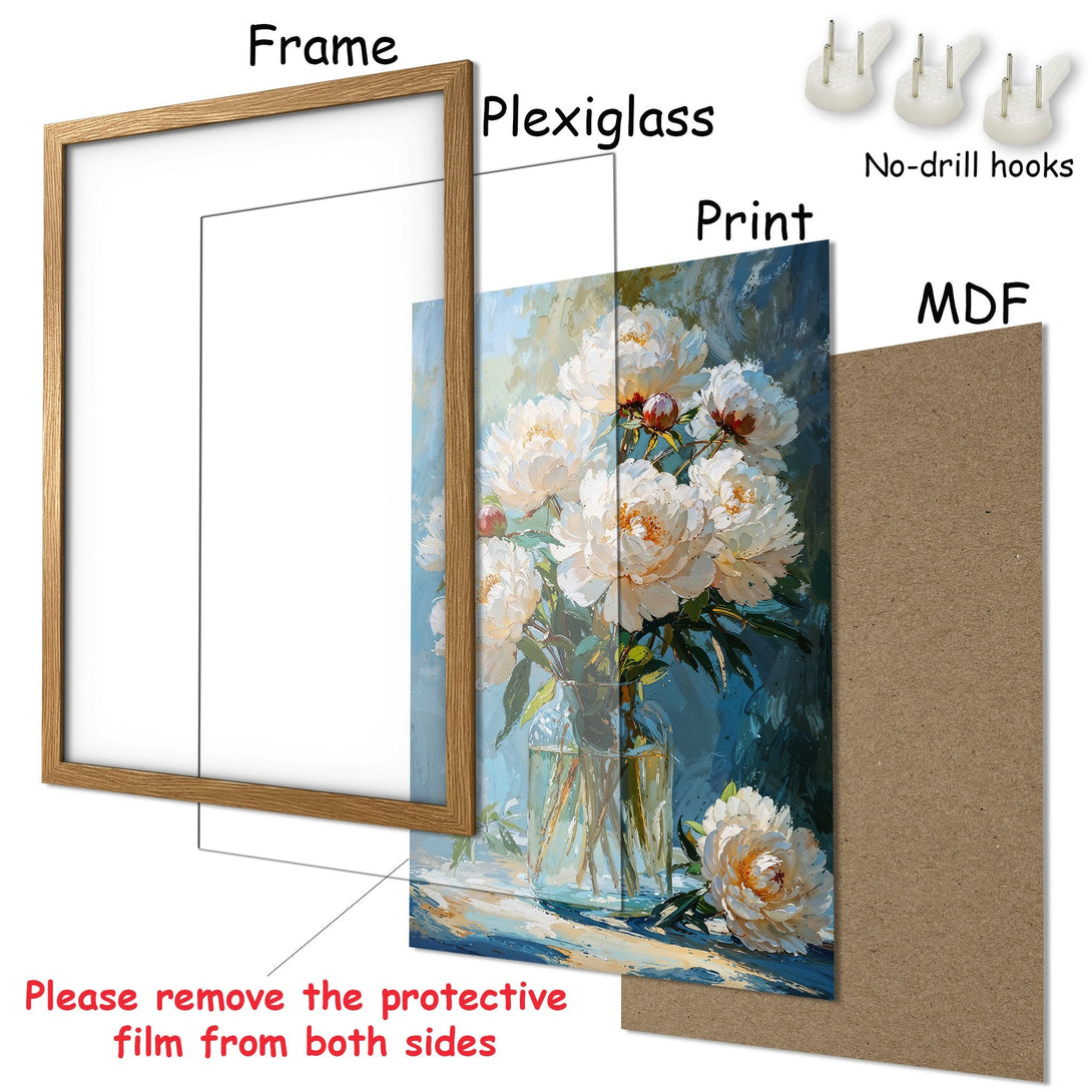 Framed Poster featuring a floral still life in a vibrant, painterly style with a blue and white color palette. Perfect wall decor!