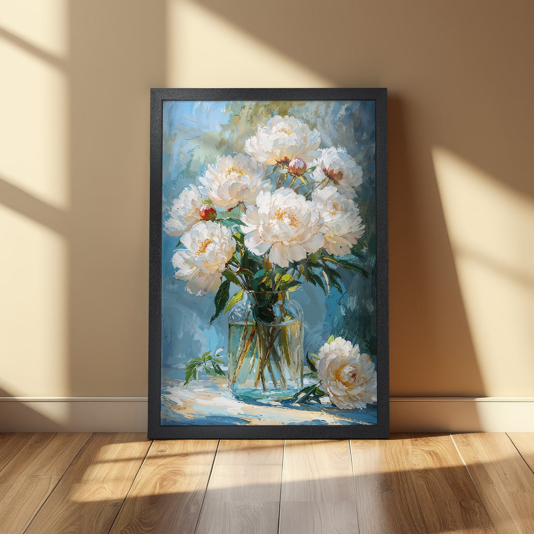 Framed Poster of white peonies in a vase, impressionist style, with a blue and beige color palette. Perfect wall art!