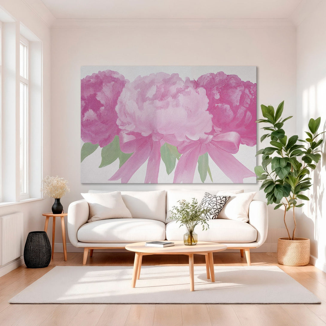 Framed Wall Art featuring vibrant pink peony flowers, perfect for adding a touch of elegance to any space. Soft, feminine color palette.