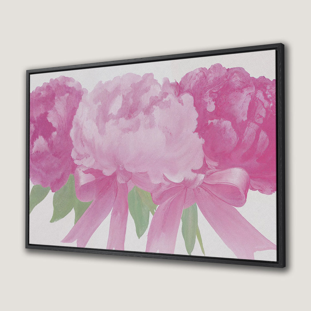 Framed Wall Art featuring a watercolor painting of pink peonies. Adds a touch of floral elegance with a soft pink and green color palette. Perfect for any room!