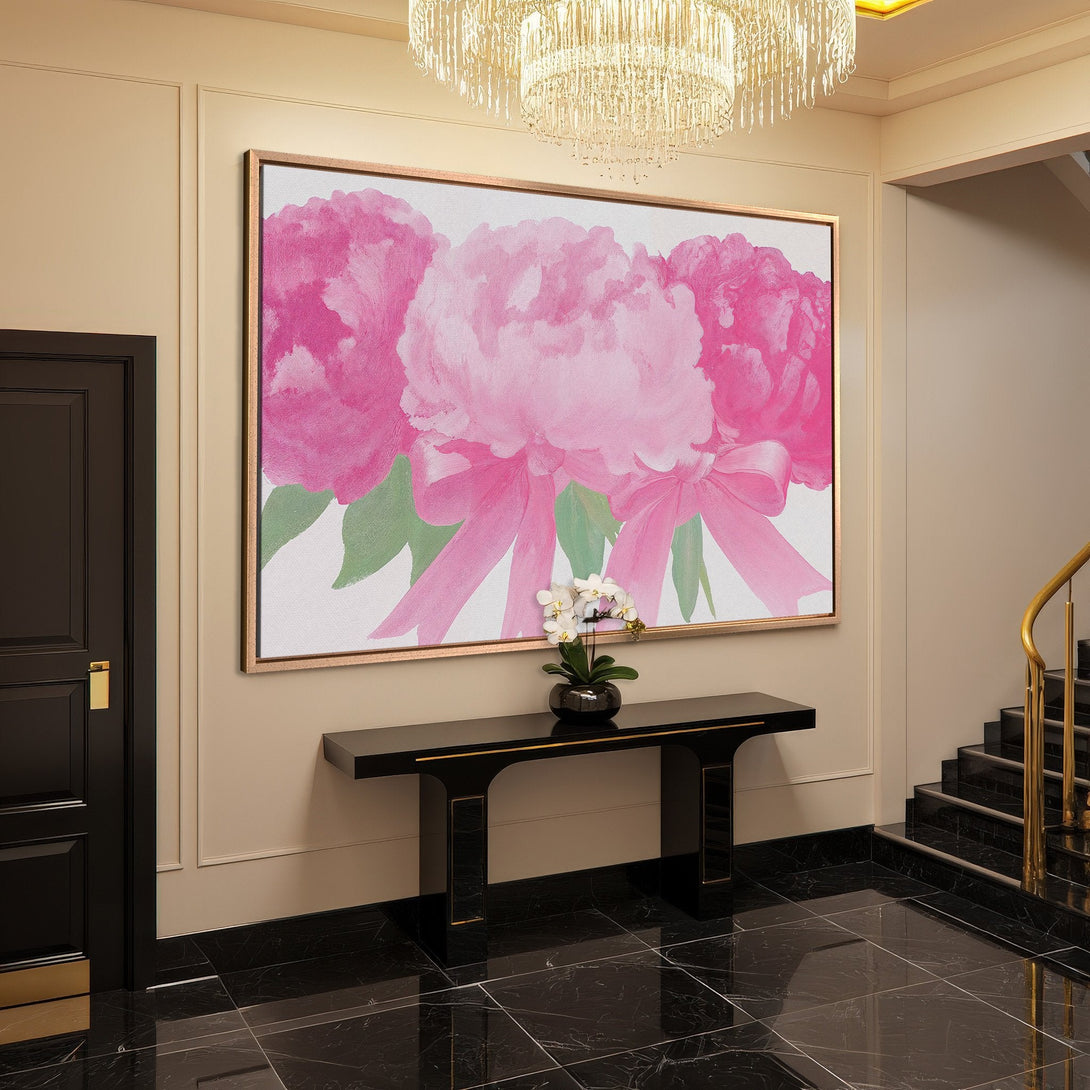 Framed Wall Art featuring vibrant pink peony flowers, perfect for adding a touch of elegance. Watercolor style with a soft pink & green palette.