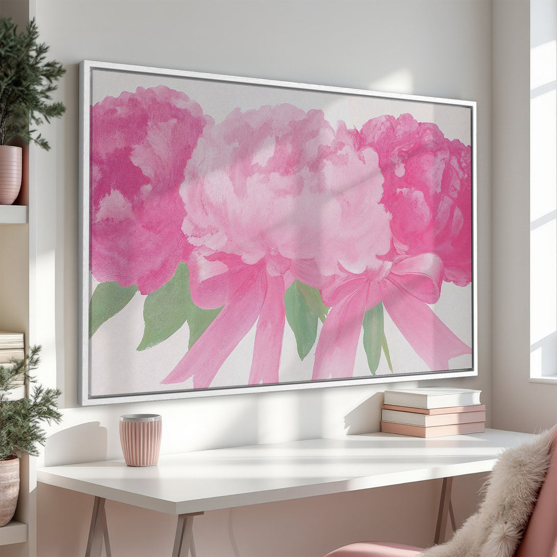 Framed Wall Art featuring a vibrant pink peony painting. Modern floral art with a soft, feminine color palette. Perfect for adding a touch of elegance to your space.