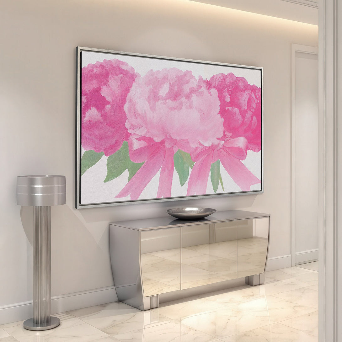 Framed Wall Art featuring pink peony flowers. Modern floral canvas print with a soft pink and green color palette, perfect for home decor.
