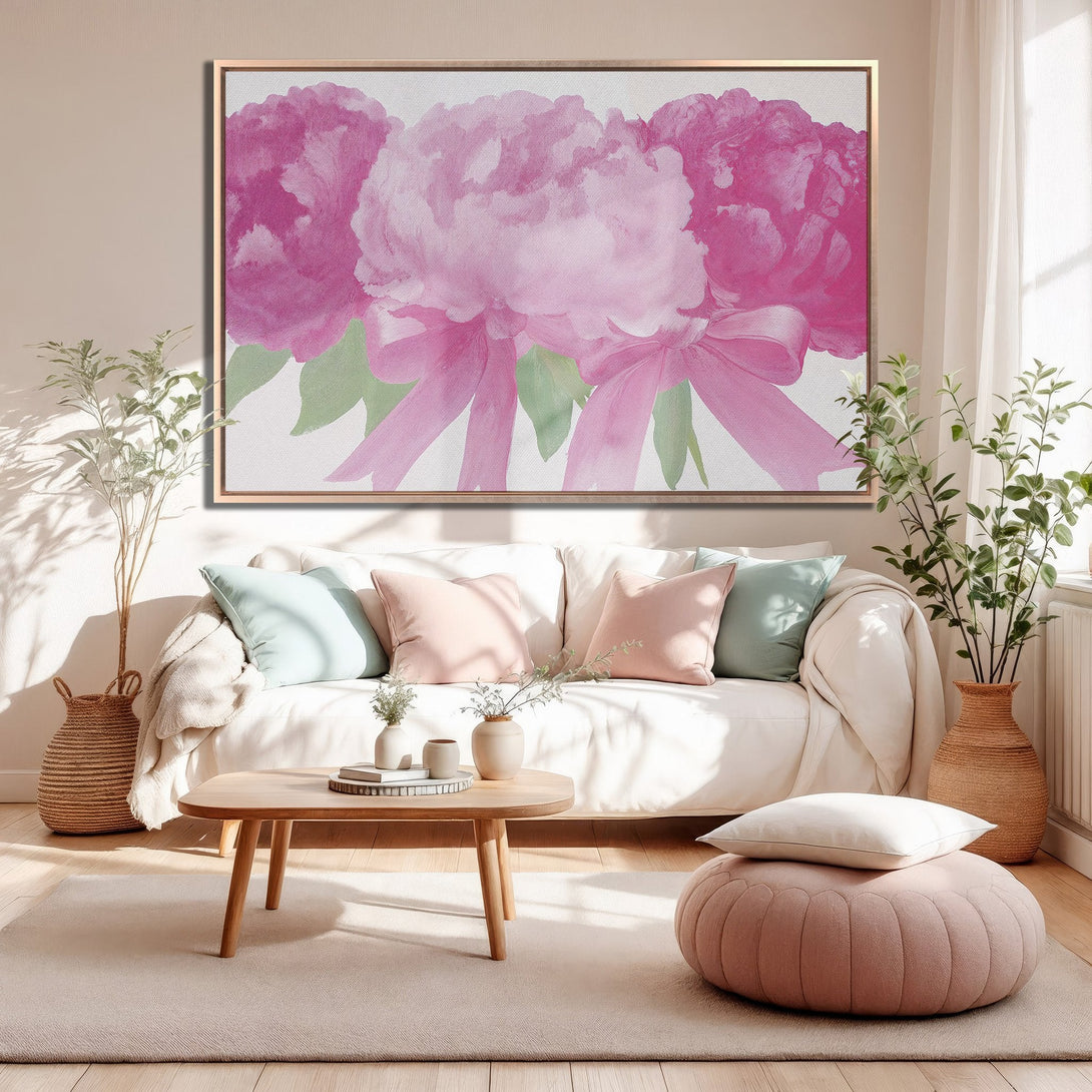 Framed Wall Art: Pink peony watercolor painting in a modern living room. Soft pinks, greens, and neutrals create a calming, stylish interior.