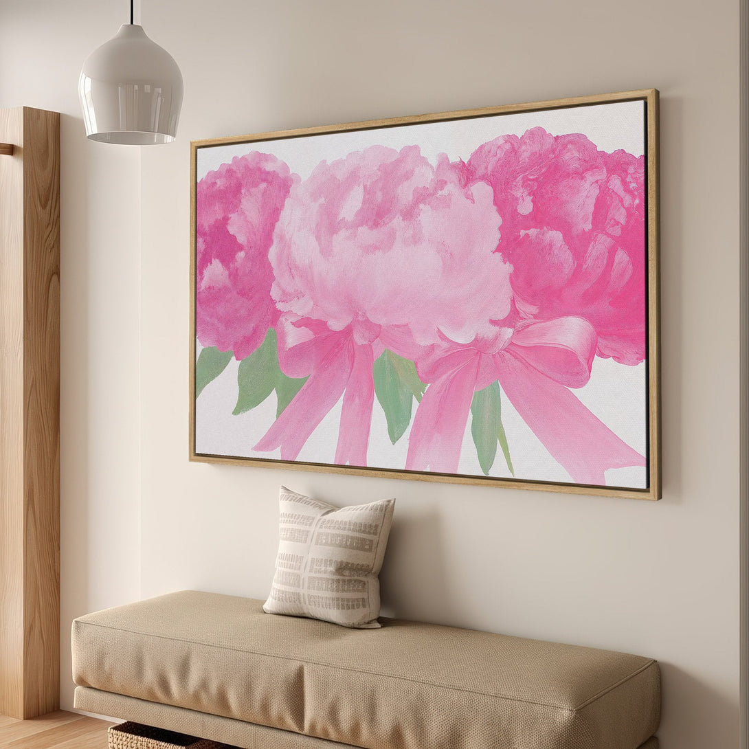 Framed Wall Art featuring vibrant pink peony flowers. Modern floral canvas print with a bold, romantic color palette. Perfect for adding a pop of color!