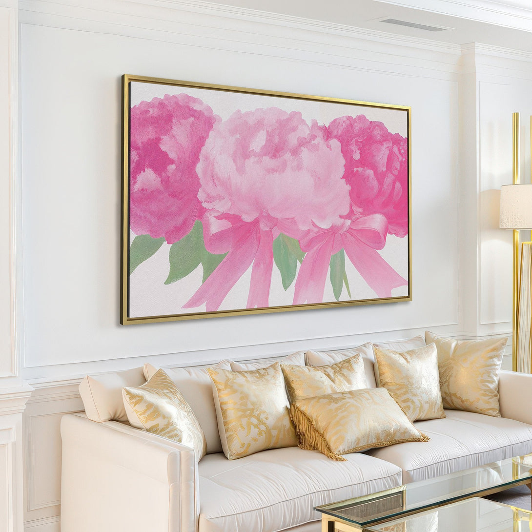 Canvas Print featuring watercolor peonies in pink hues, adding a touch of floral elegance to a modern living room.