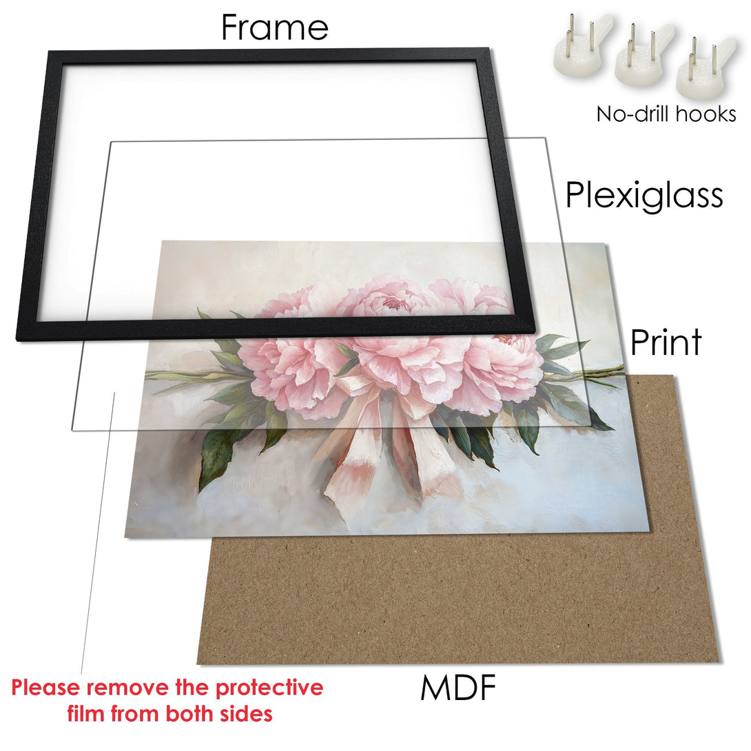Framed Poster featuring a floral watercolor painting. Soft pink and green color palette, perfect for adding elegance to any room.