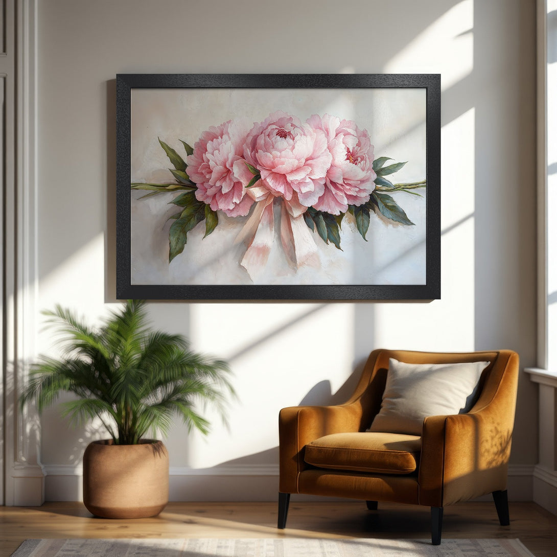 Framed Poster featuring pink peony flowers, soft watercolor style, and a neutral color palette for elegant home decor.