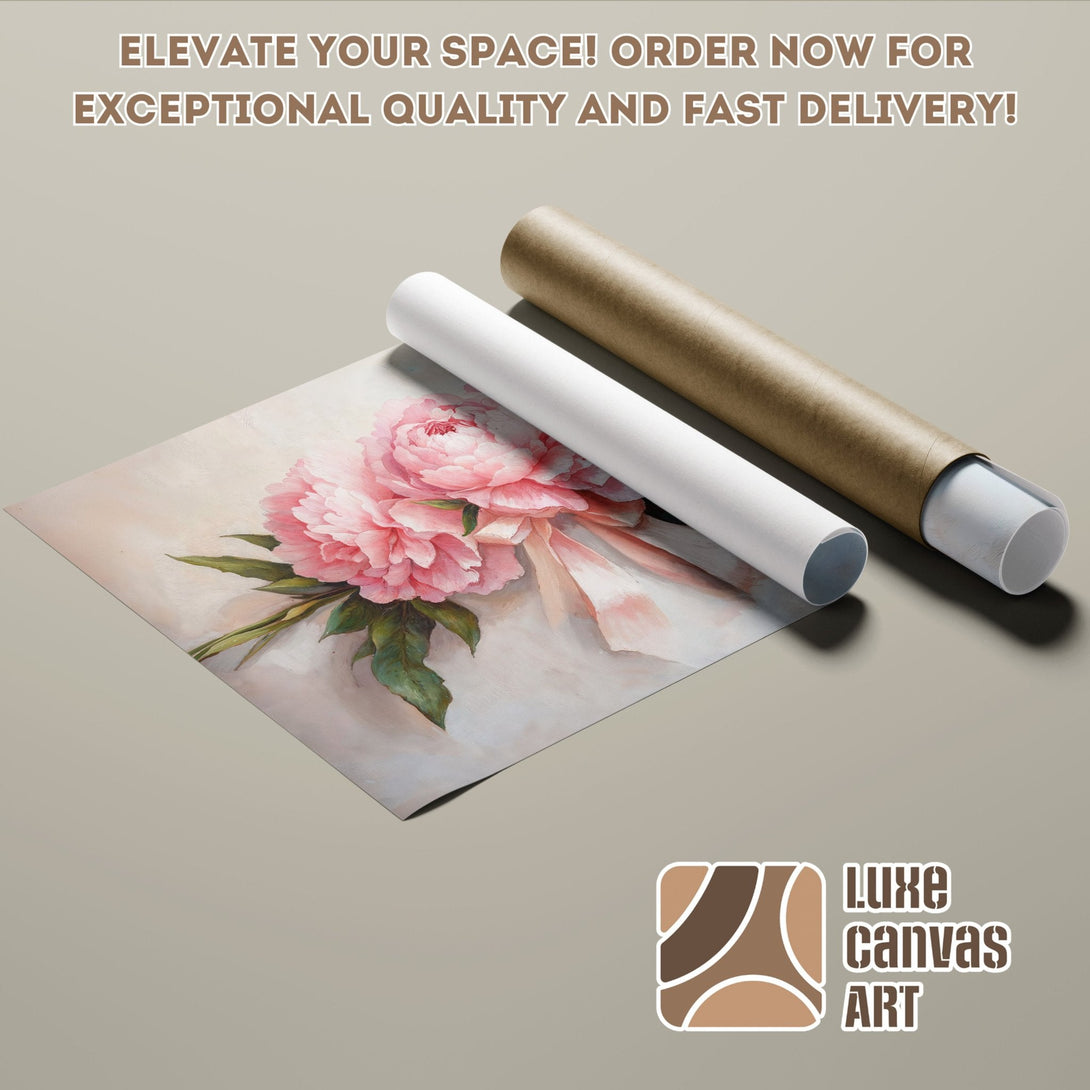 Poster Roll featuring a pink peony painting, soft pastel colors, and elegant style. Elevate your space!