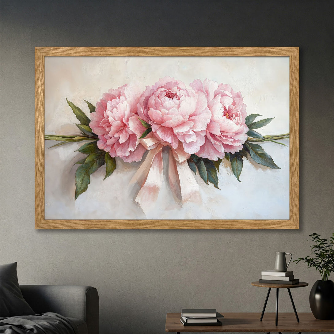 Framed Poster featuring a floral painting of pink peonies. Romantic style, soft pastel color palette. Perfect wall art for your home.