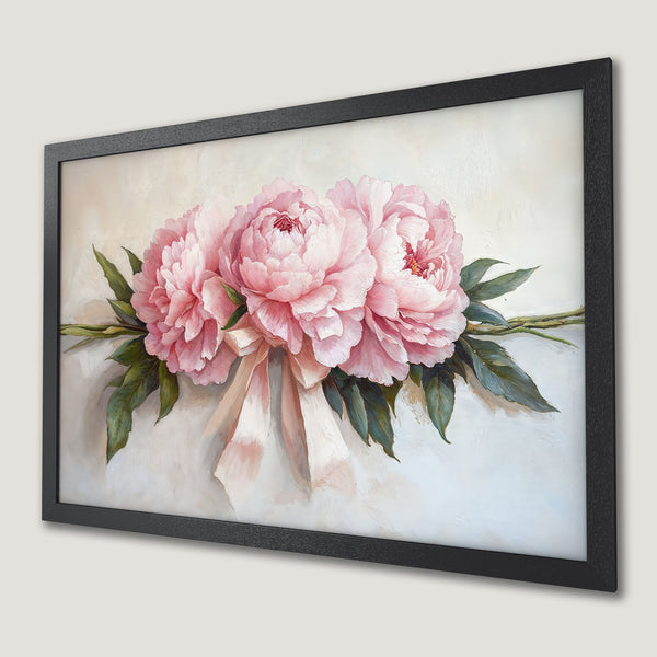 Framed Poster: Pink peony floral art print, soft pastel colors, perfect for home decor.