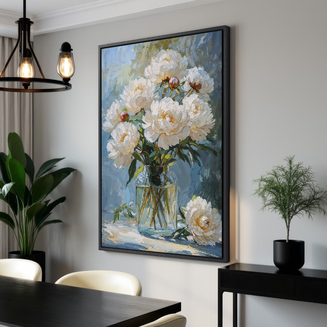 Framed Wall Art: Stunning white peony flowers in a vase, painted in an impressionistic style with a blue and white color palette. Perfect for home decor!