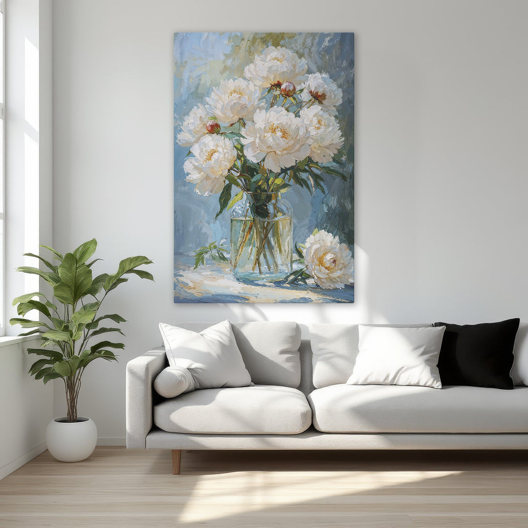 Framed Wall Art featuring a floral painting with white peonies in a blue and beige color palette. Elegant decor for any room.