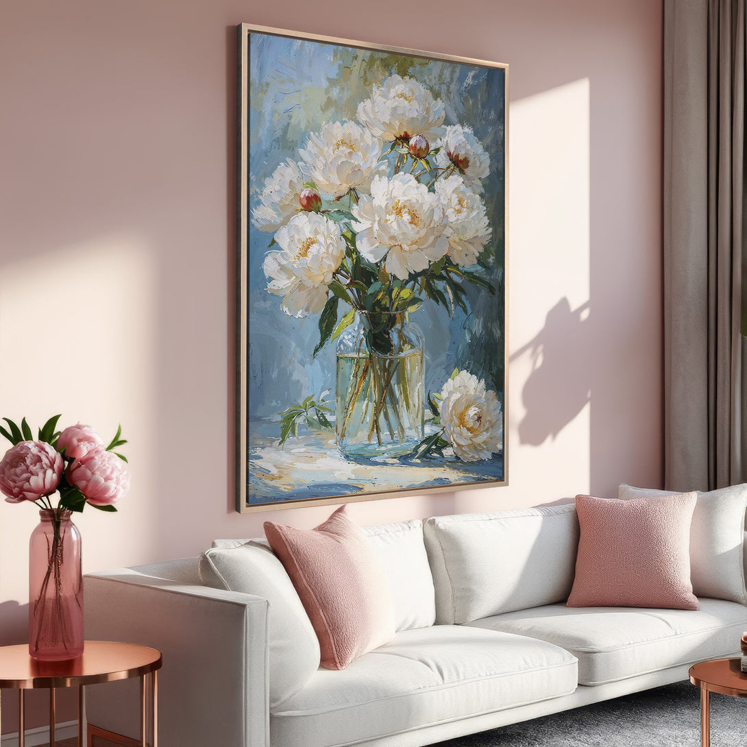 Framed Wall Art: Elegant floral painting of white peonies in a vase. Soft, impressionistic style with a serene blue and blush pink color palette. Perfect home decor.