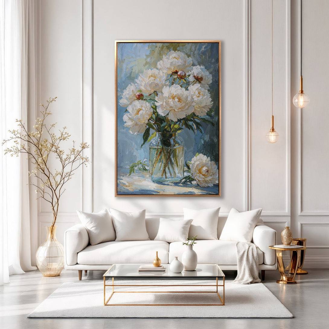Framed Wall Art featuring a floral painting of white peonies, displayed in a modern, bright interior with a blue and white color palette.