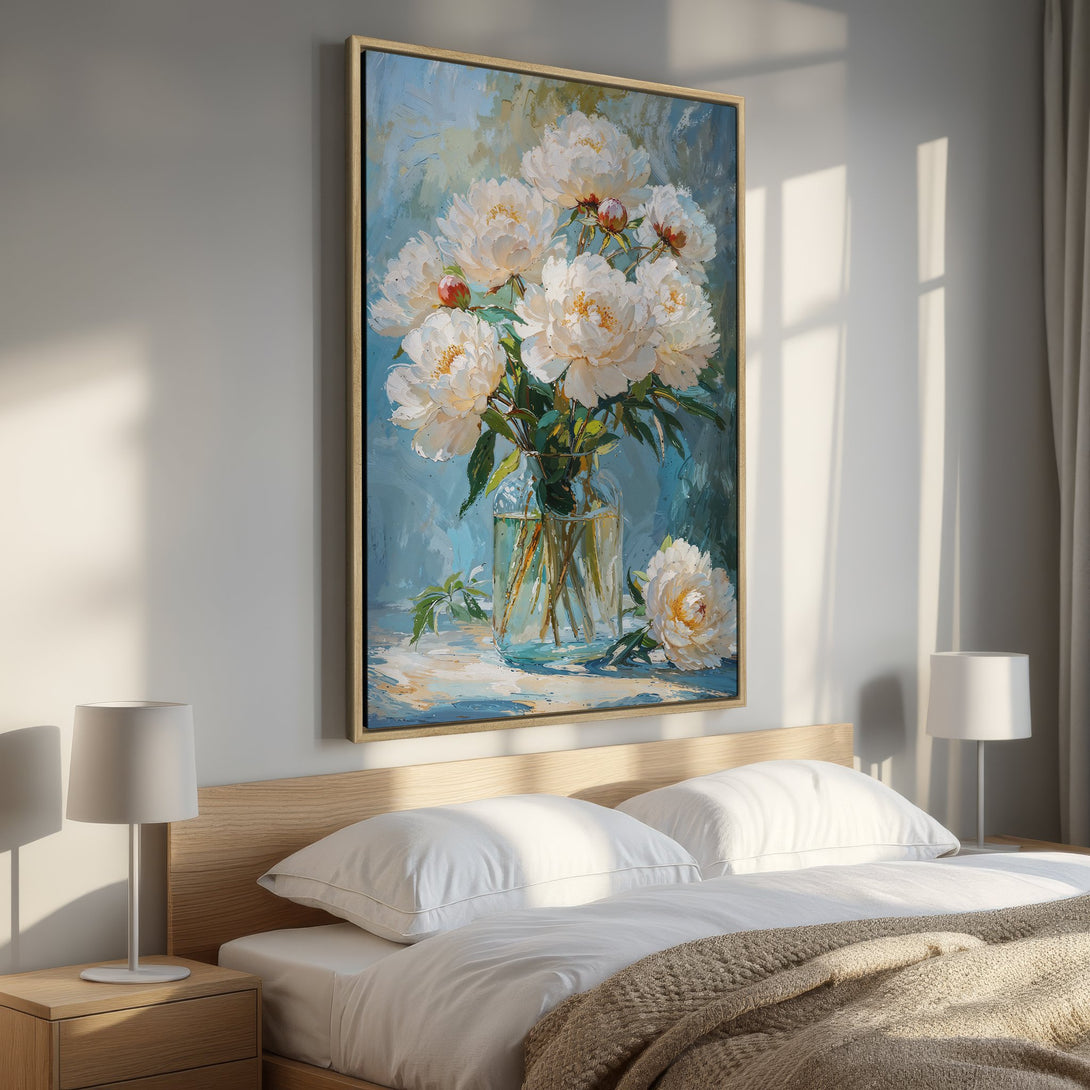 Framed Wall Art: Stunning floral painting of white peonies in a vase. Beautiful blue & cream color palette. Perfect bedroom decor!