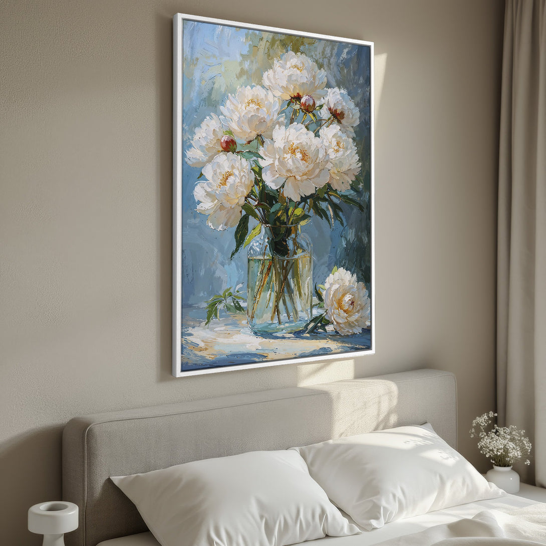 Framed Wall Art: Elegant white peony bouquet painting with blue & neutral tones. Perfect for bedroom decor. Add a touch of art to your space!