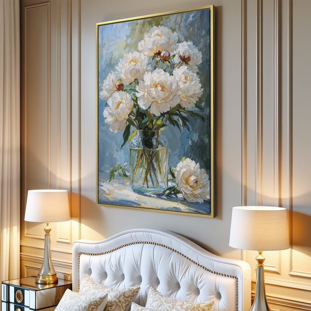 Canvas Print of white peonies in a vase, impressionistic style with a blue and white color palette. Perfect floral wall art for your home.