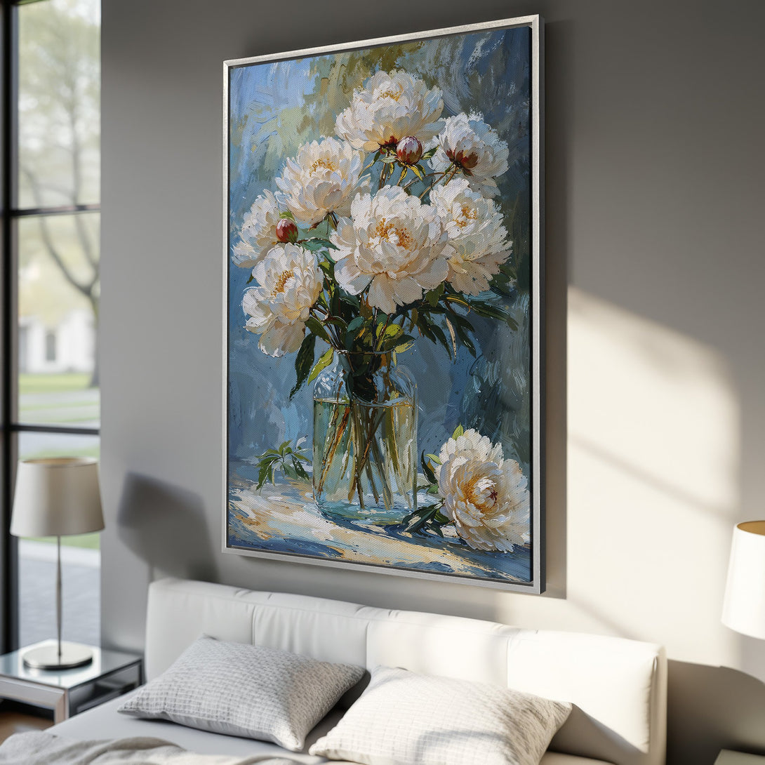 Framed Wall Art featuring a stunning floral still life of white peonies in a vase. Impressionistic style with a blue and white color palette, perfect for home decor.