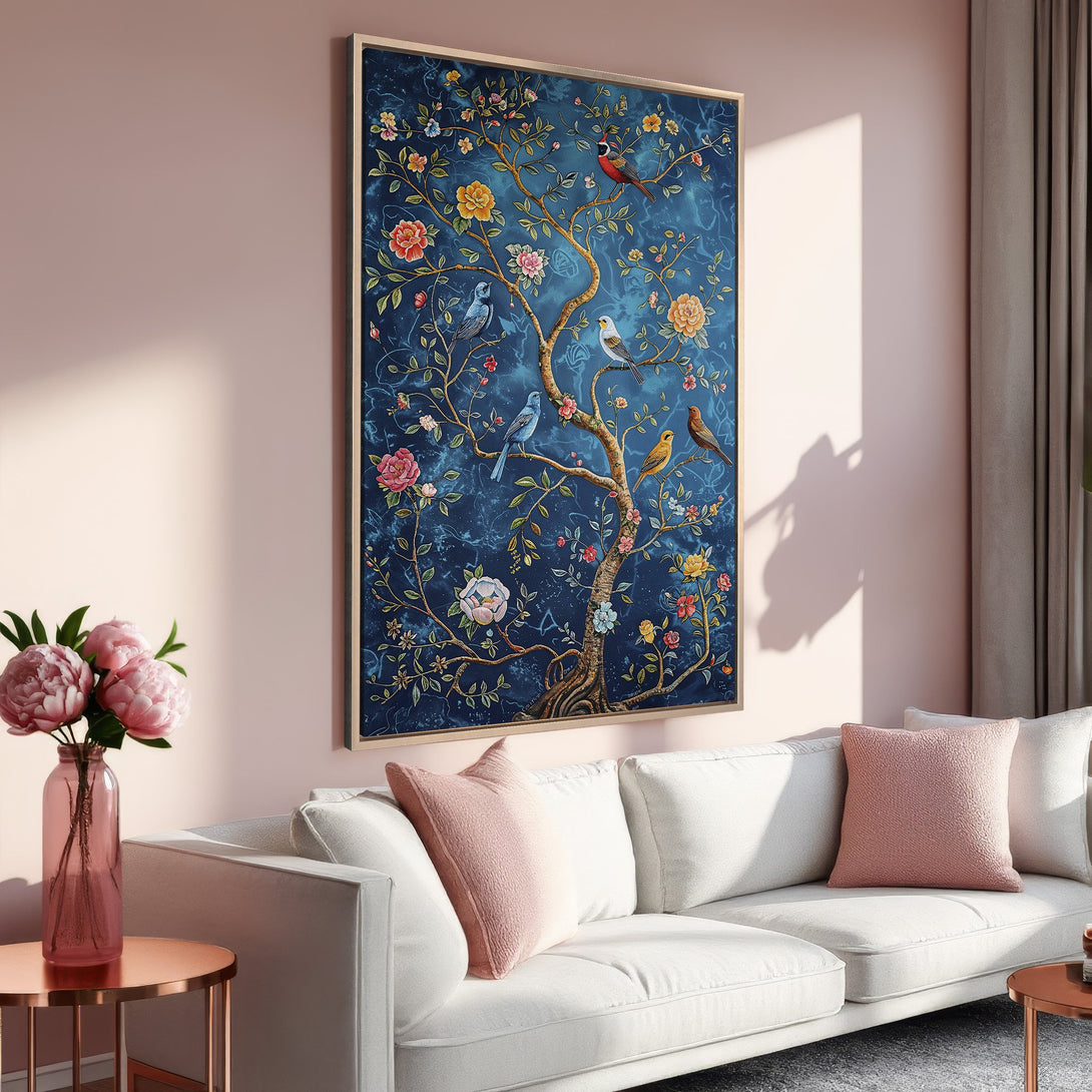 Framed Wall Art: Elegant tree and bird illustration in a blue, gold, and pink color palette. Perfect for adding a touch of nature-inspired art to your space.