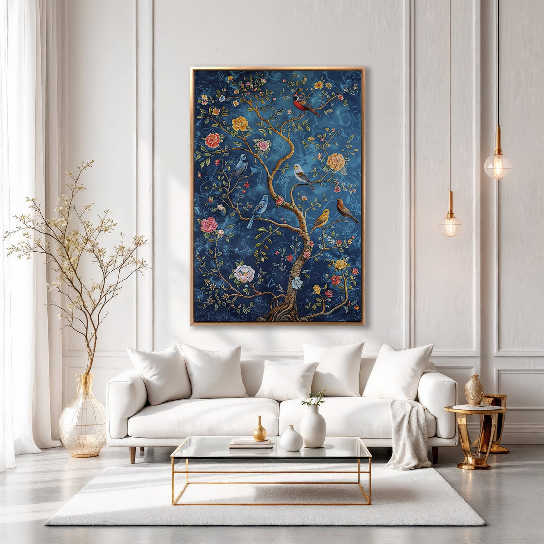 Framed Wall Art: Elegant tree with birds on a blue background. Floral design in a gold frame, perfect for living room decor. Adds a touch of sophistication.