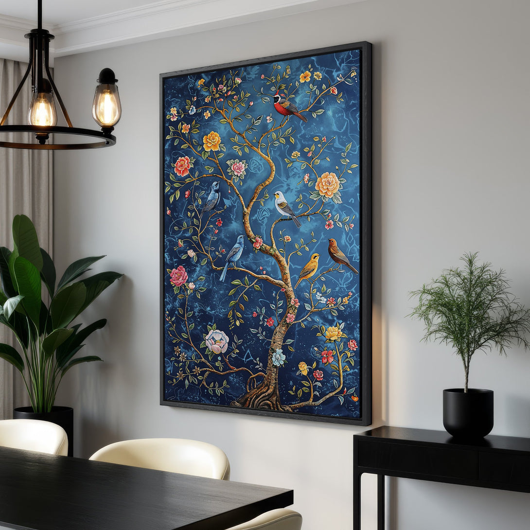 Framed Wall Art featuring a vibrant tree with birds, set against a rich blue background. A stunning piece of art with a classic, colorful palette.
