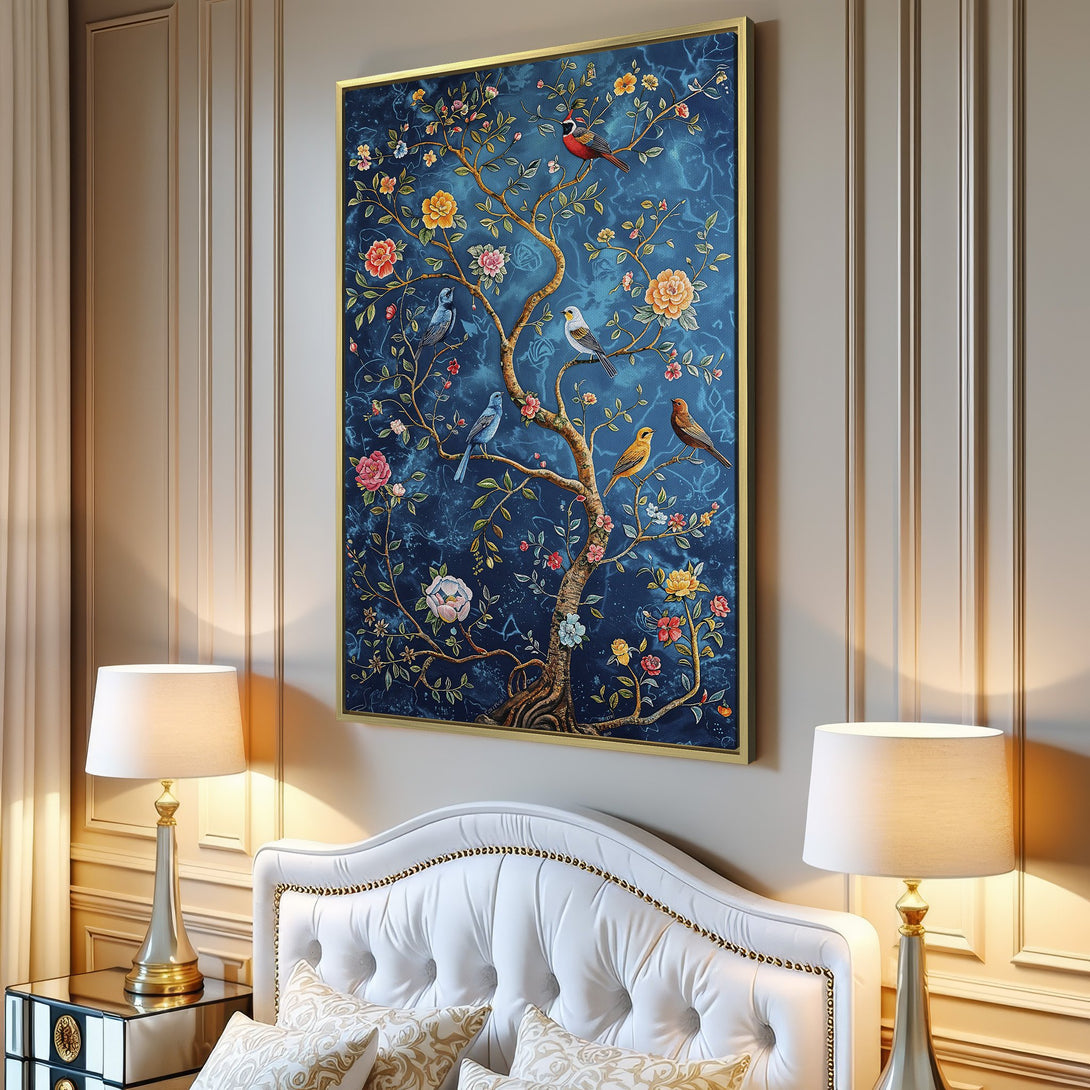 Canvas Print featuring a vibrant tree with birds and flowers, set against a rich blue background. A beautiful piece of wall art.