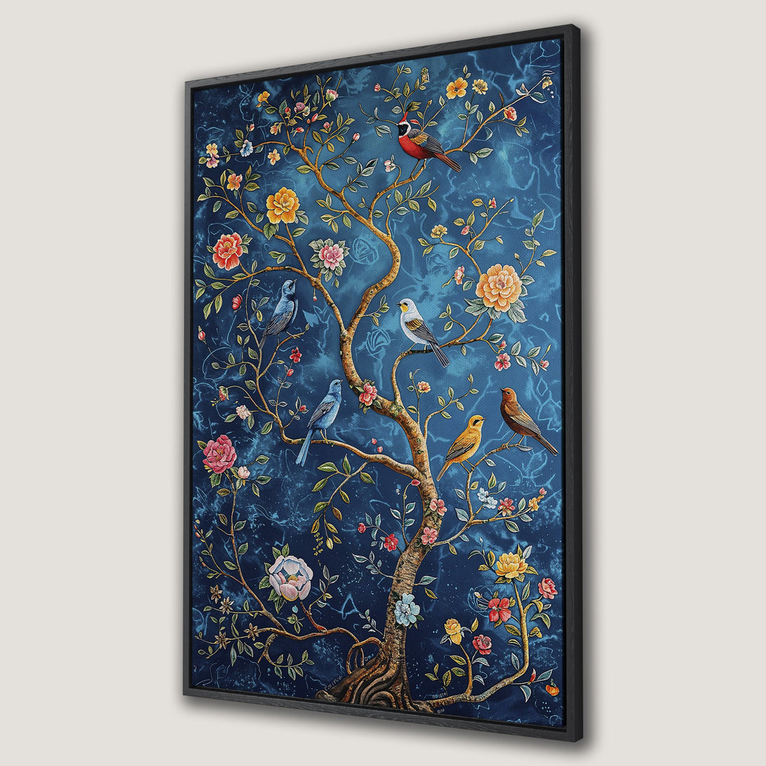 Framed Wall Art featuring a vibrant tree with birds and flowers against a deep blue backdrop. Adds a touch of elegance and nature-inspired beauty to any space.