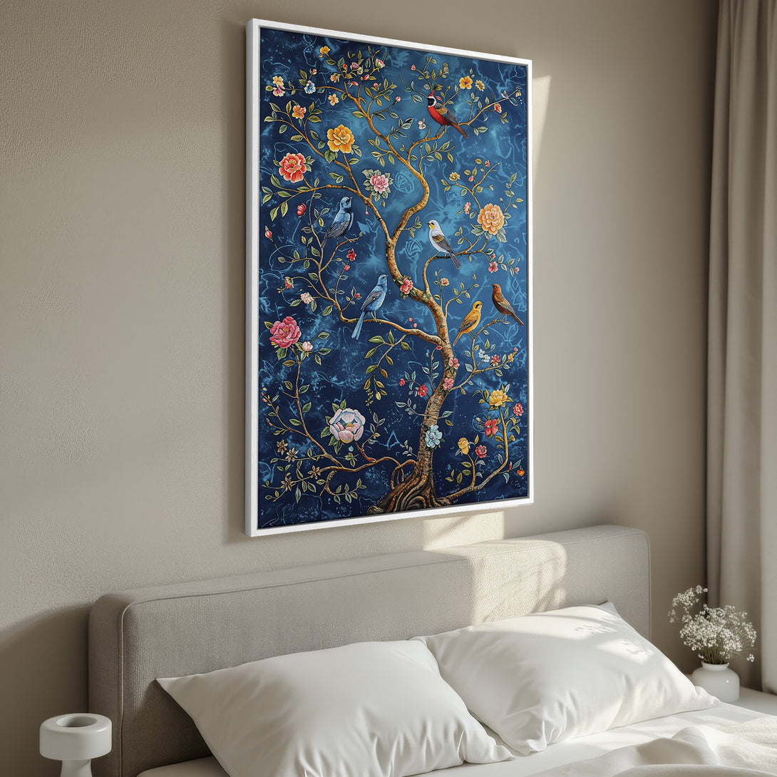 Framed Wall Art: Enchanting tree with birds and flowers in rich blue, gold, and floral hues. Perfect for adding a touch of elegance to any room.