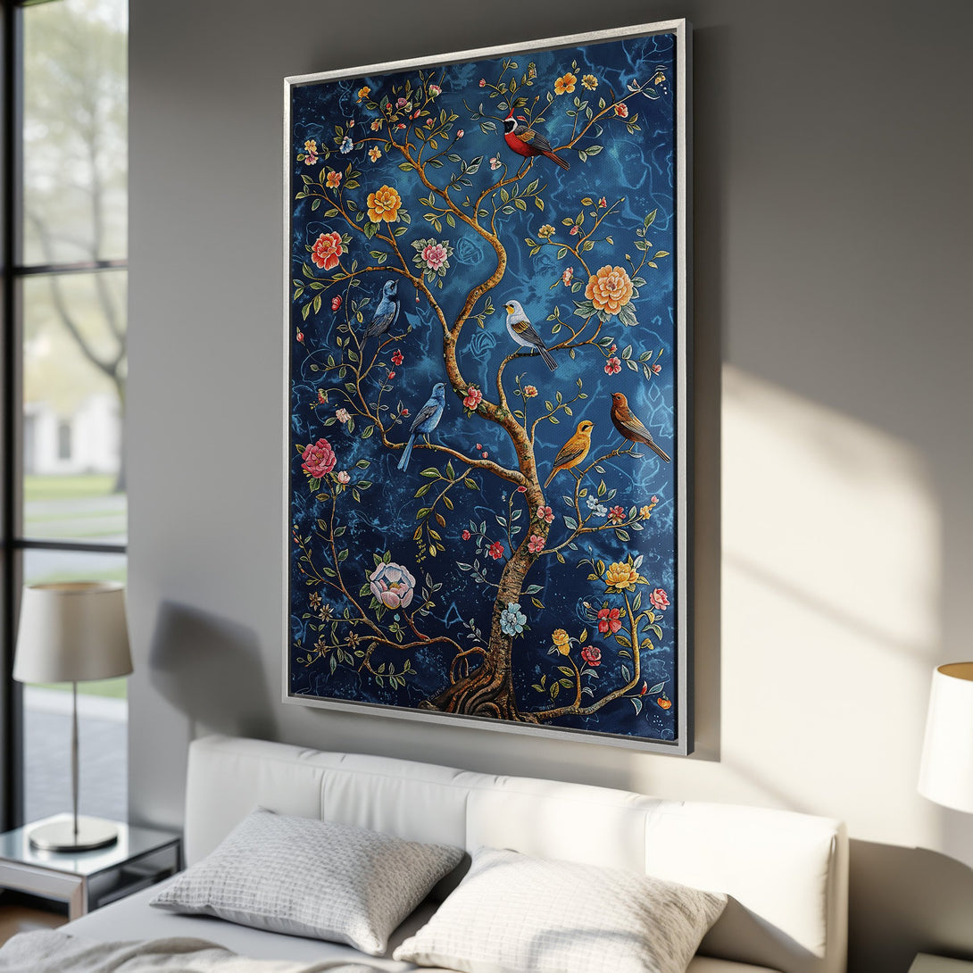 Framed Wall Art: Elegant bird and floral print on a blue background. Adds a touch of sophistication to any room. Featuring a stunning color palette.