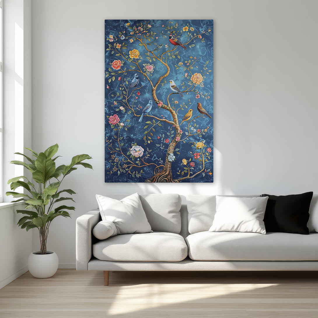 Framed Wall Art featuring a vibrant tree with birds, in a classic style with a blue, gold, and floral color palette. Perfect for bedroom decor!