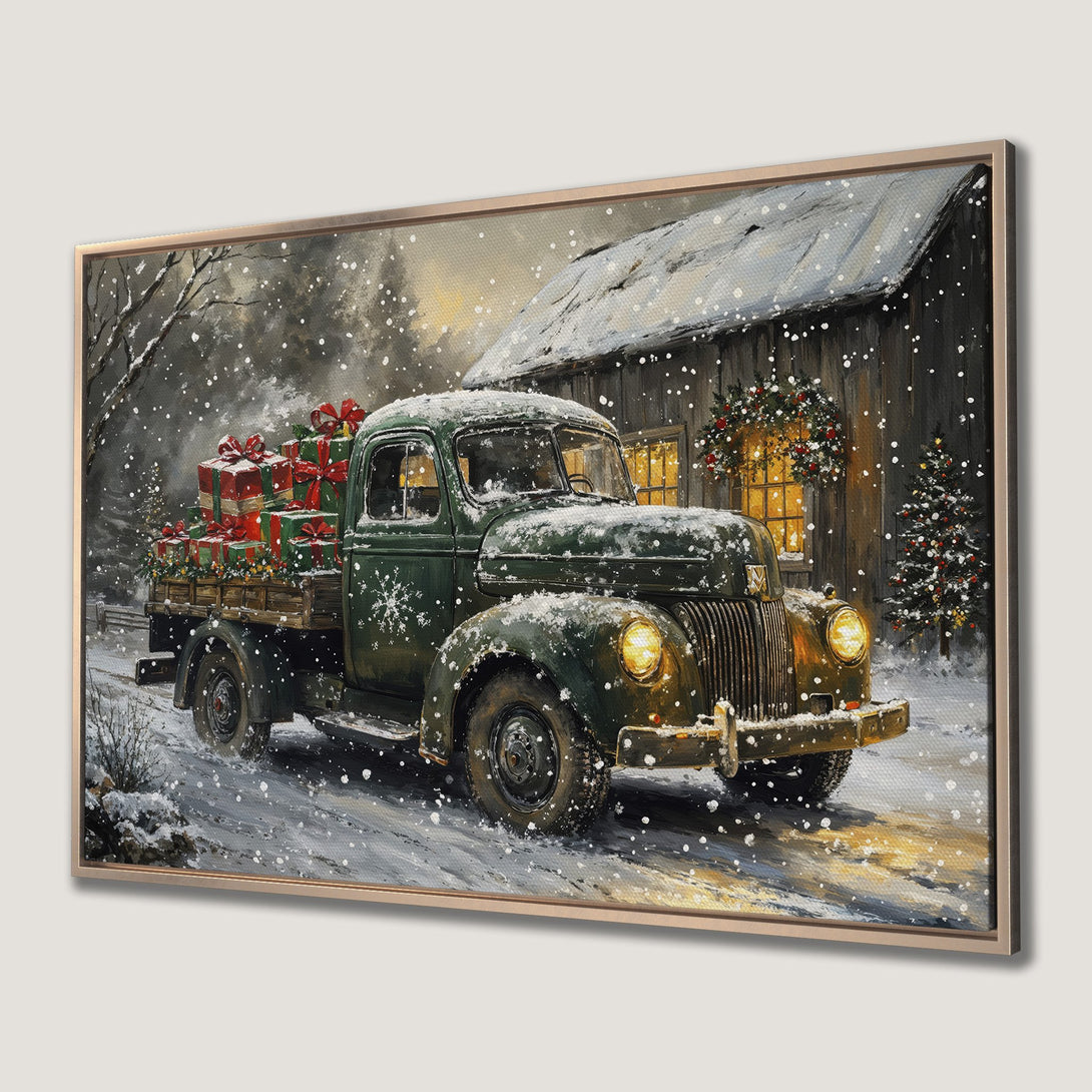 Framed Wall Art: Vintage truck with Christmas gifts in a snowy scene. Warm, inviting color palette. Perfect holiday decor.
