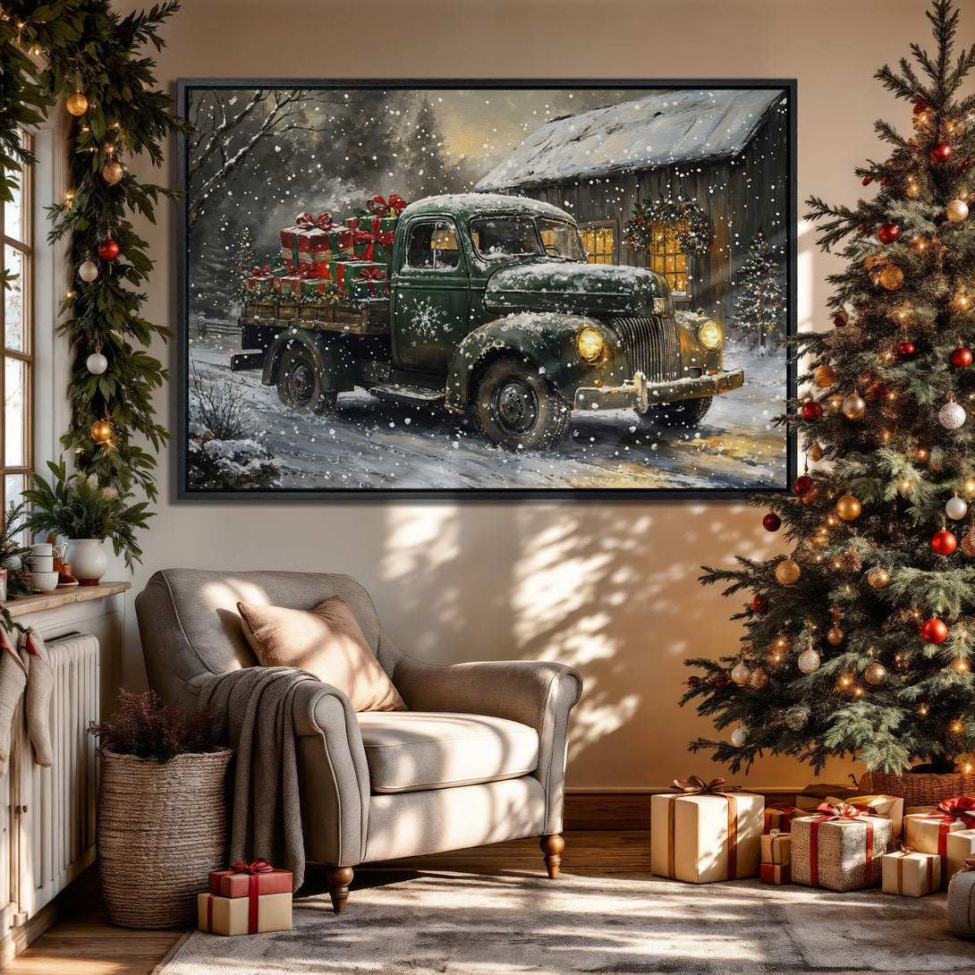 Framed Wall Art: Vintage Christmas truck in snowy scene, rustic style. Featuring a green truck and red/green gifts. Warm, inviting color palette.