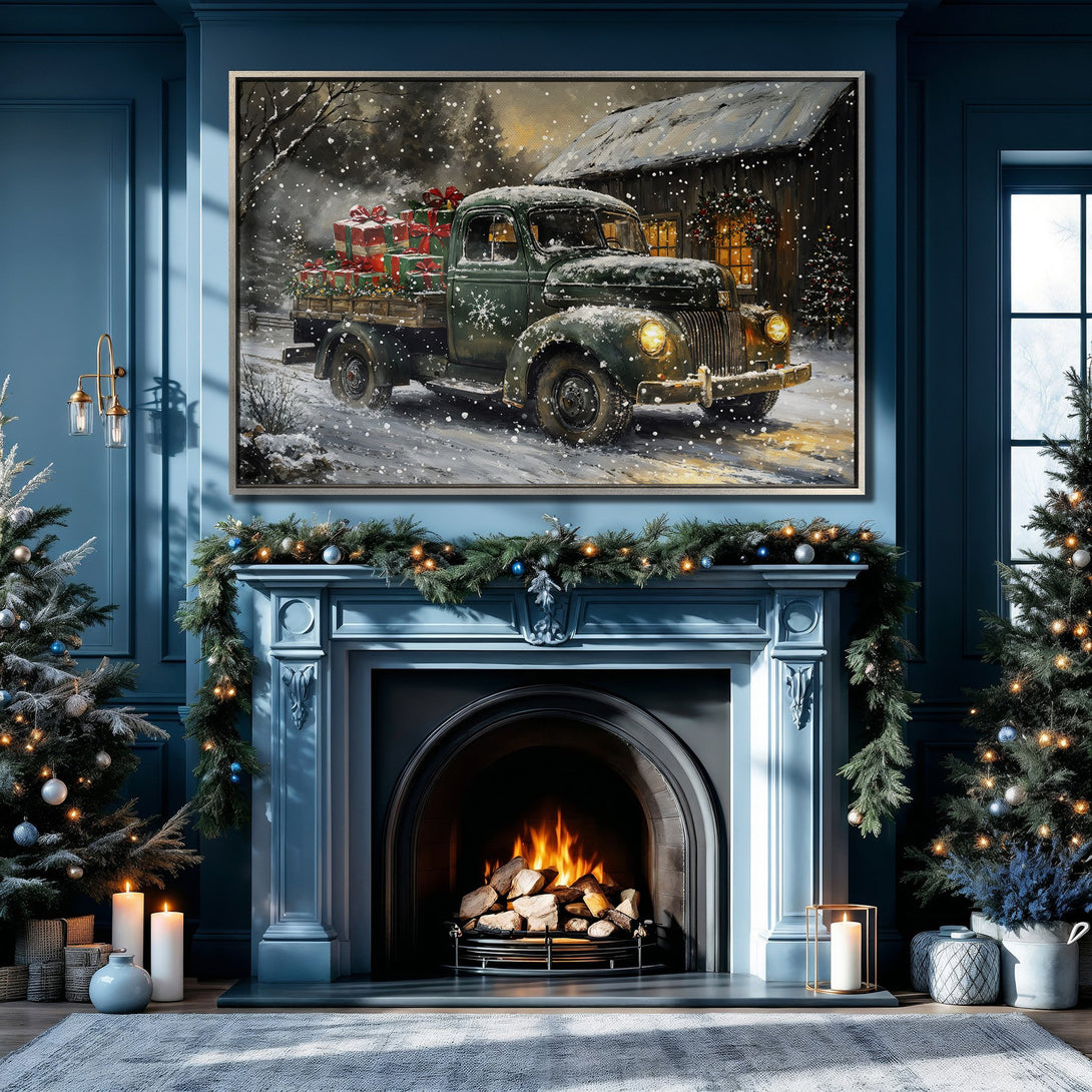 Framed Wall Art: Vintage truck in winter scene, warm tones. Cozy Christmas decor with green and red accents, perfect for holiday home styling.