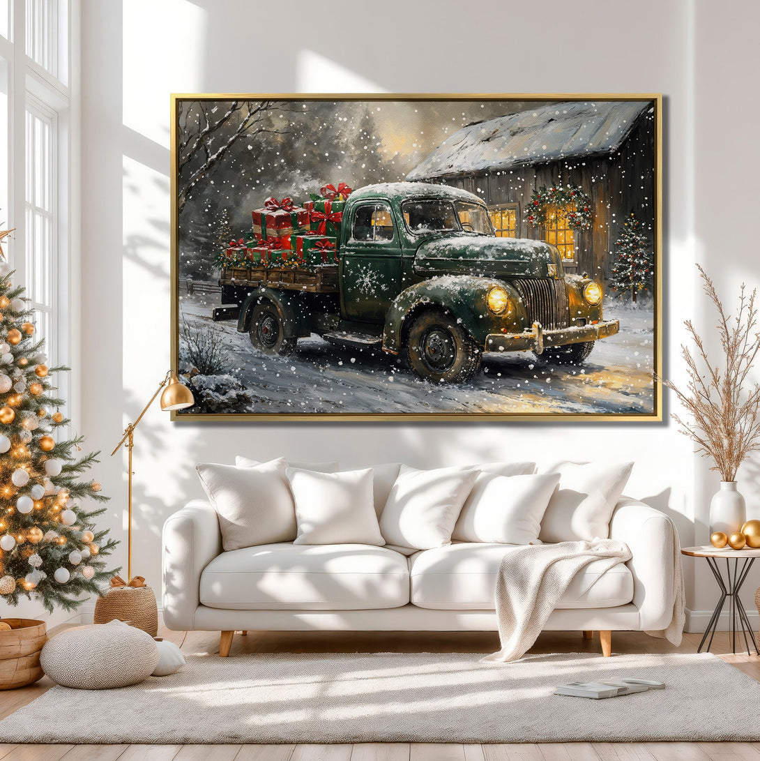 Canvas Print of a vintage green truck carrying Christmas gifts in a snowy scene. Rustic style, warm neutral color palette for cozy holiday decor.