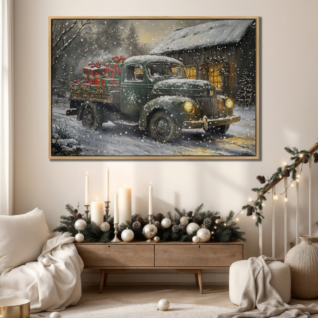 Framed Wall Art: Vintage truck carrying gifts in a snowy scene. Rustic style, warm color palette. Perfect for holiday decor.