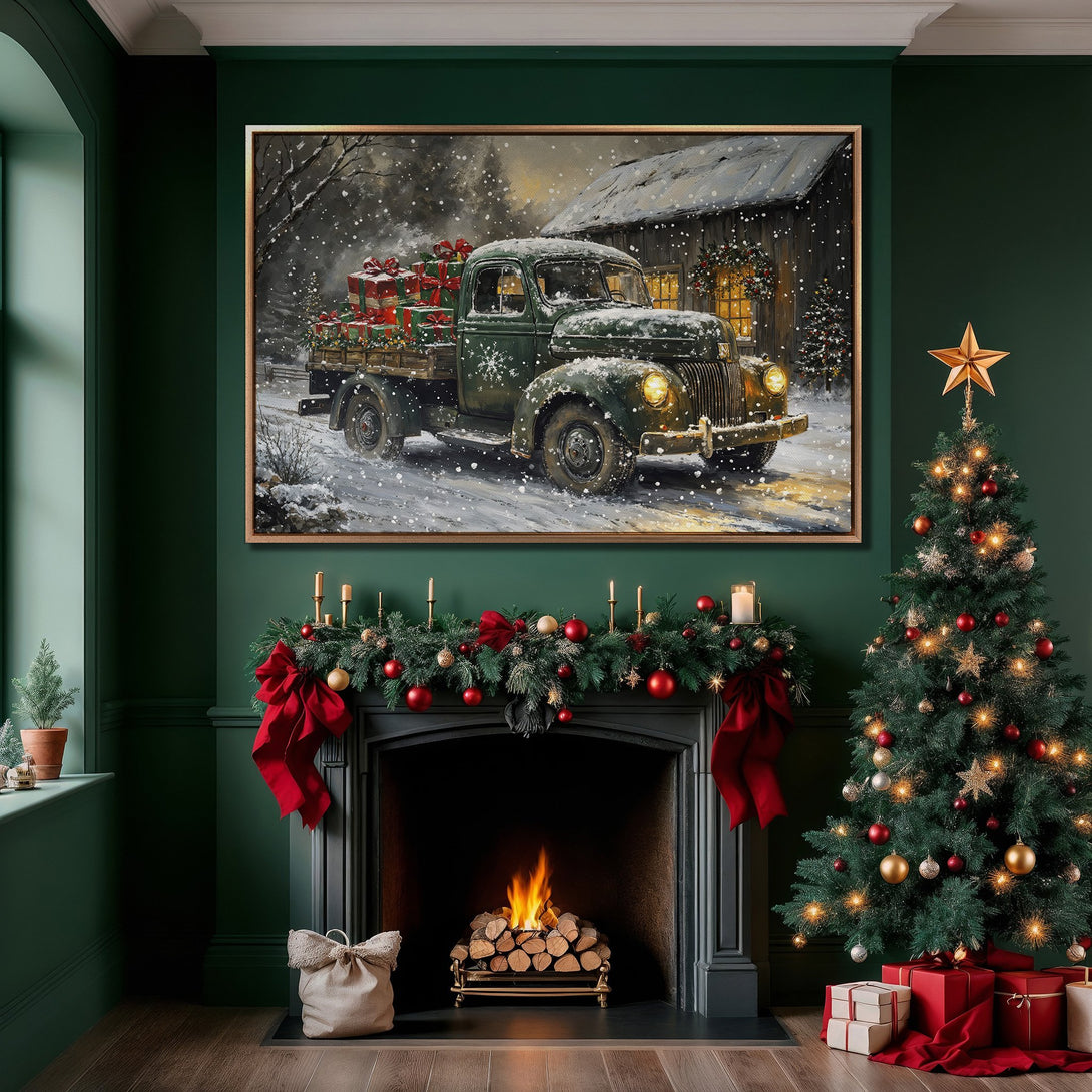 Framed Wall Art: Vintage truck with gifts in a snowy scene. Rustic style with a warm, inviting color palette. Perfect for Christmas decor.