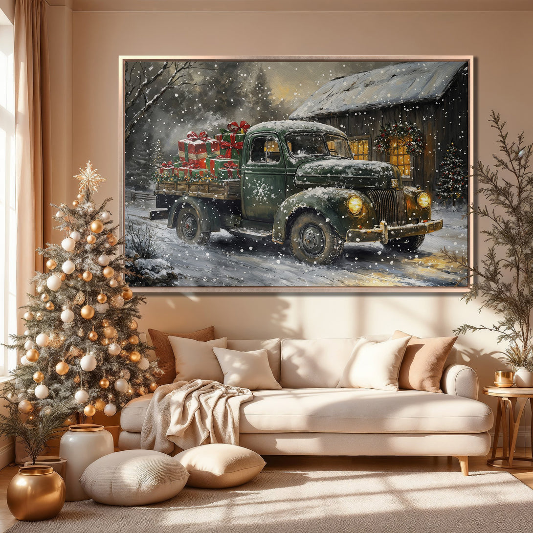 Framed Wall Art: Winter scene with vintage truck, gifts, and snow. Warm, neutral color palette, perfect for holiday decor. Bring the cozy vibes home!