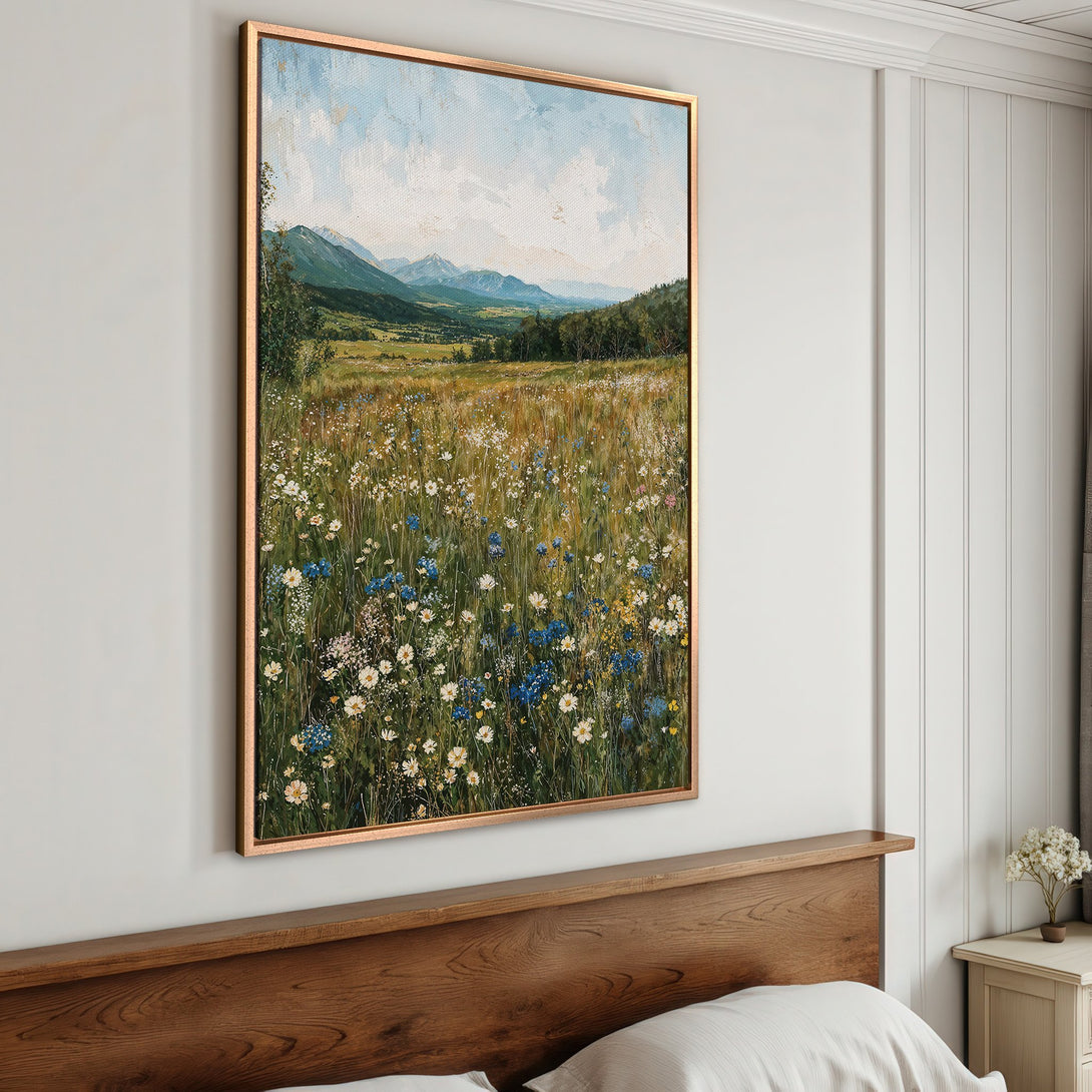 Framed Wall Art: Landscape Canvas Print with wildflowers, mountains, and a warm color palette. Perfect for adding a touch of nature to your home decor.