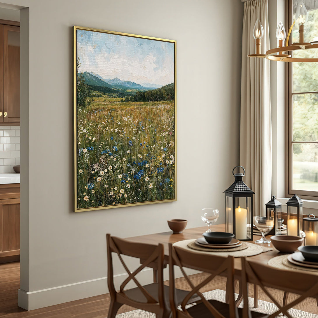 Canvas Print of a serene meadow landscape with blue, white, and green hues. Perfect for adding a touch of nature to your home decor.