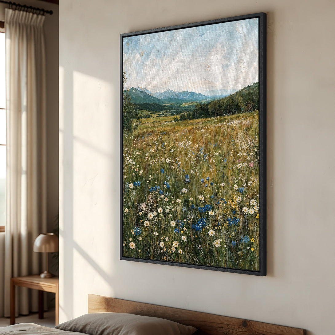 Framed Wall Art Canvas Print of a vibrant wildflower meadow landscape painting in a warm, natural color palette. Perfect for adding a touch of nature to your home.
