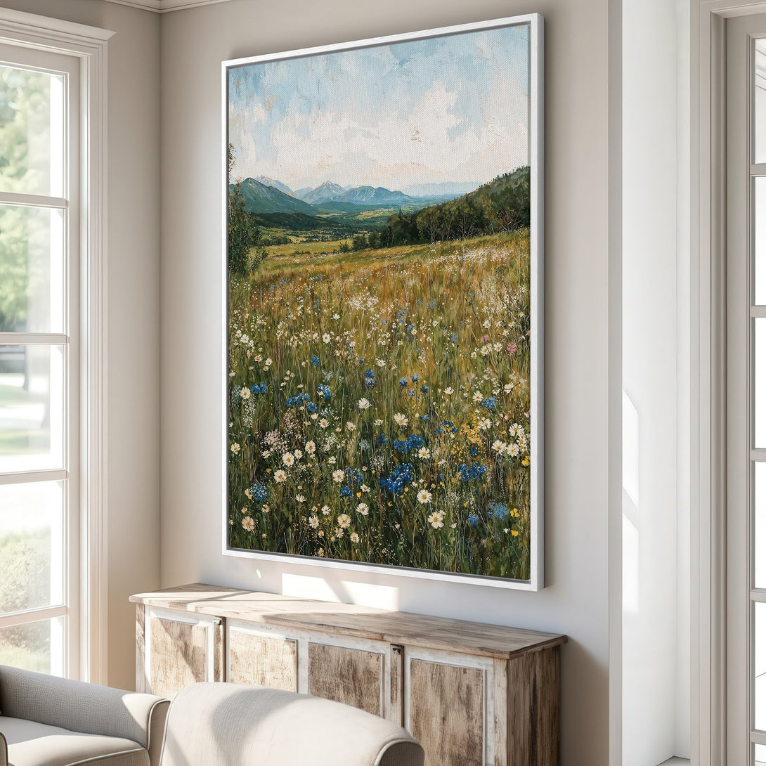 Framed Wall Art featuring a vibrant landscape painting with wildflowers and mountains in a serene, natural color palette. Perfect for adding a touch of nature to your home!
