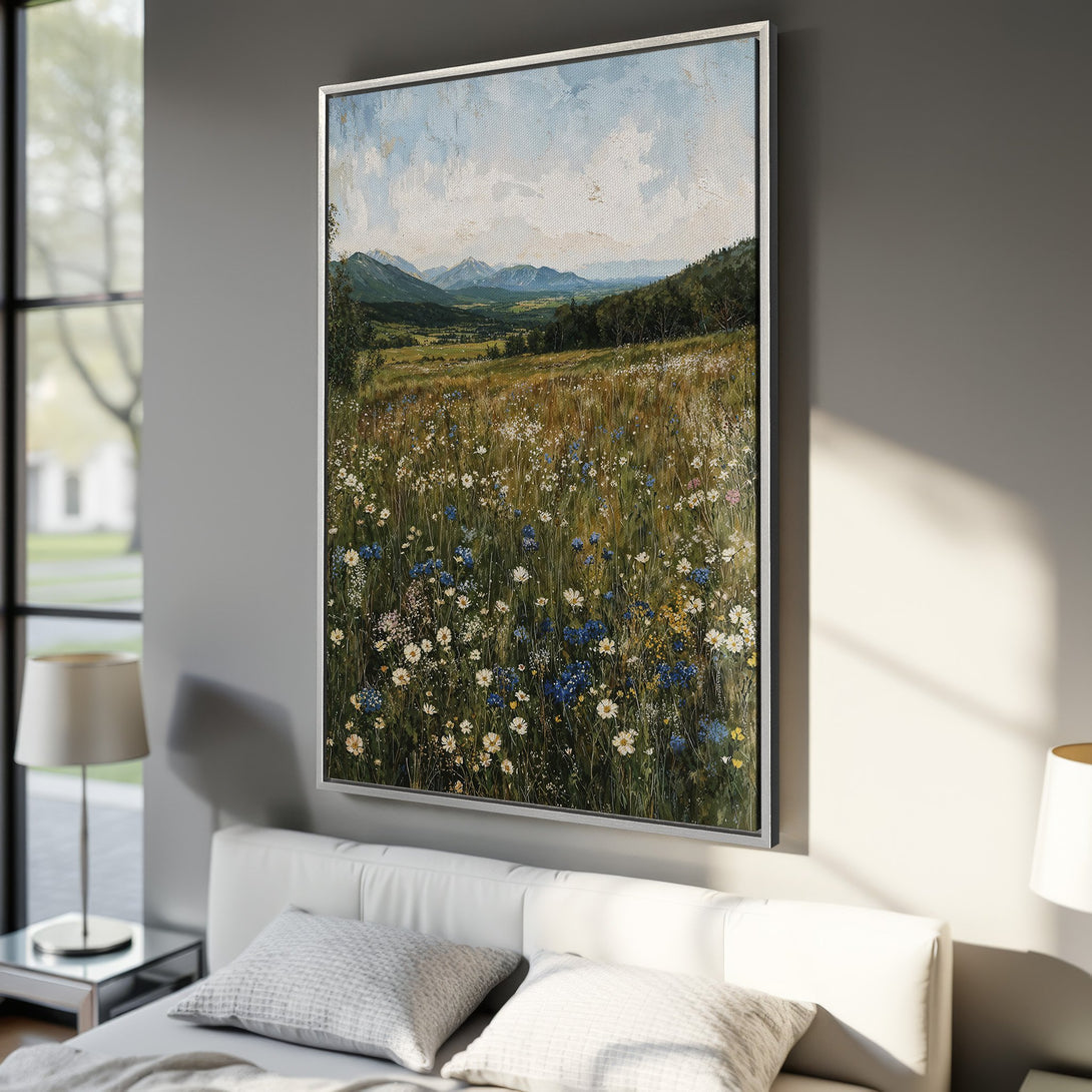 Framed Wall Art: Landscape Canvas Print with wildflowers and mountains. Peaceful art in a natural color palette of greens, blues, and yellows. Perfect for any home.