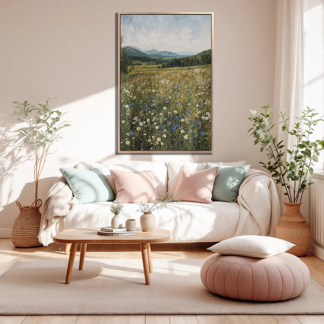 Framed Wall Art: Landscape painting in a warm, inviting interior. Featuring a field of wildflowers in a soft, pastel color palette. Perfect for home decor!