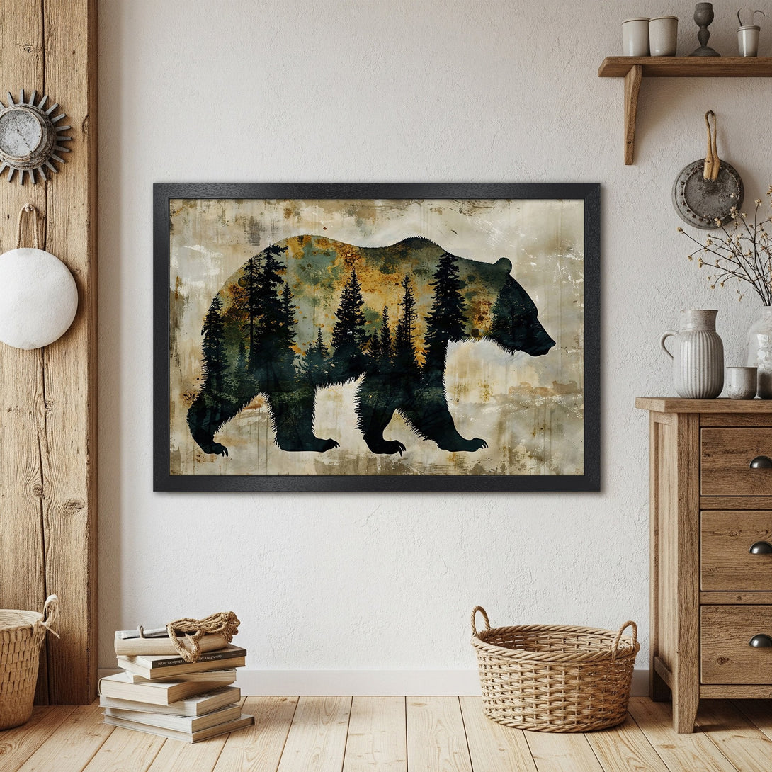 Framed Poster featuring a bear silhouette with a forest design. Rustic style, earthy tones of green, brown, and beige. Perfect wall art!