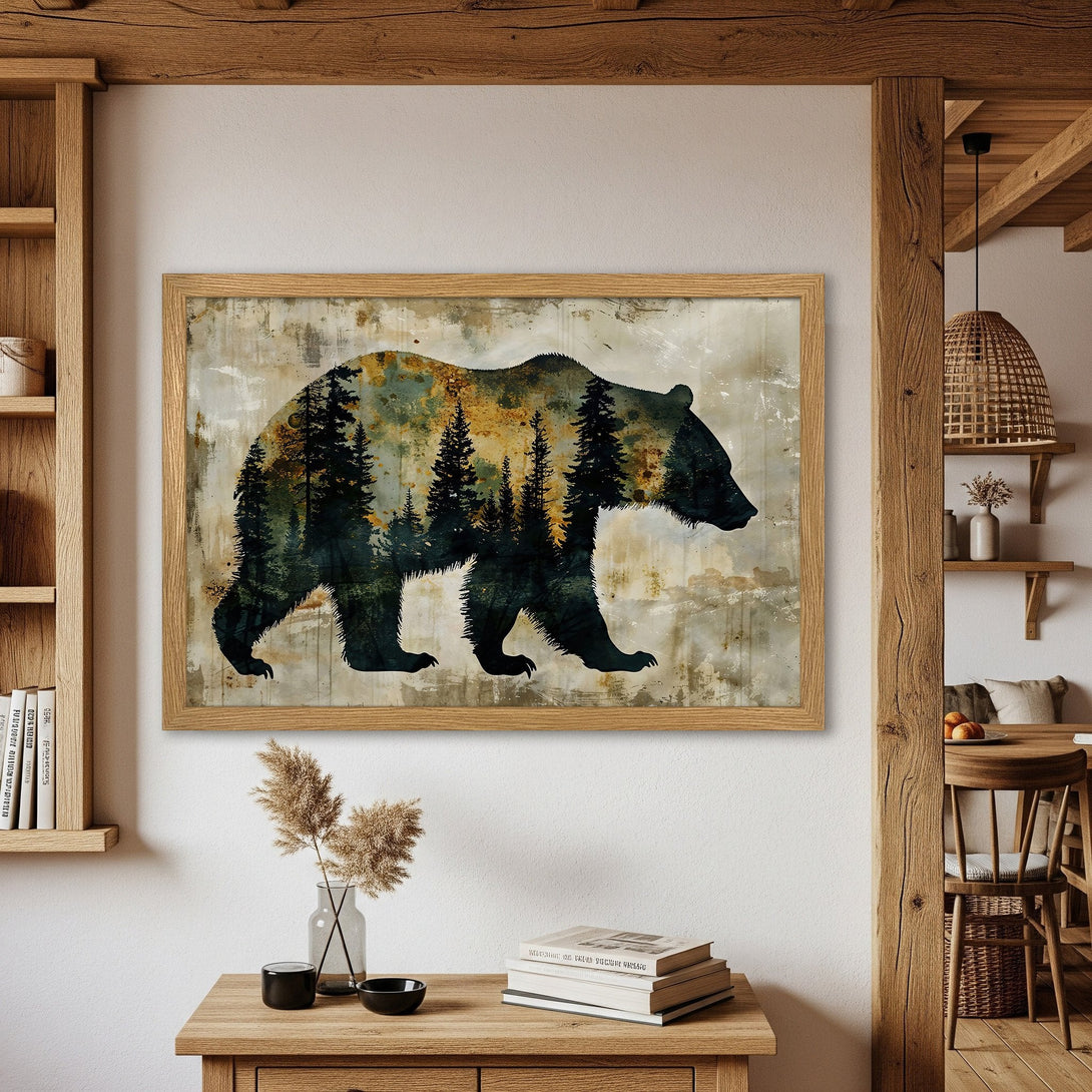 Framed Poster featuring a bear silhouette with forest details. Rustic style, earthy color palette: greens, browns, and gold. Perfect wall art.