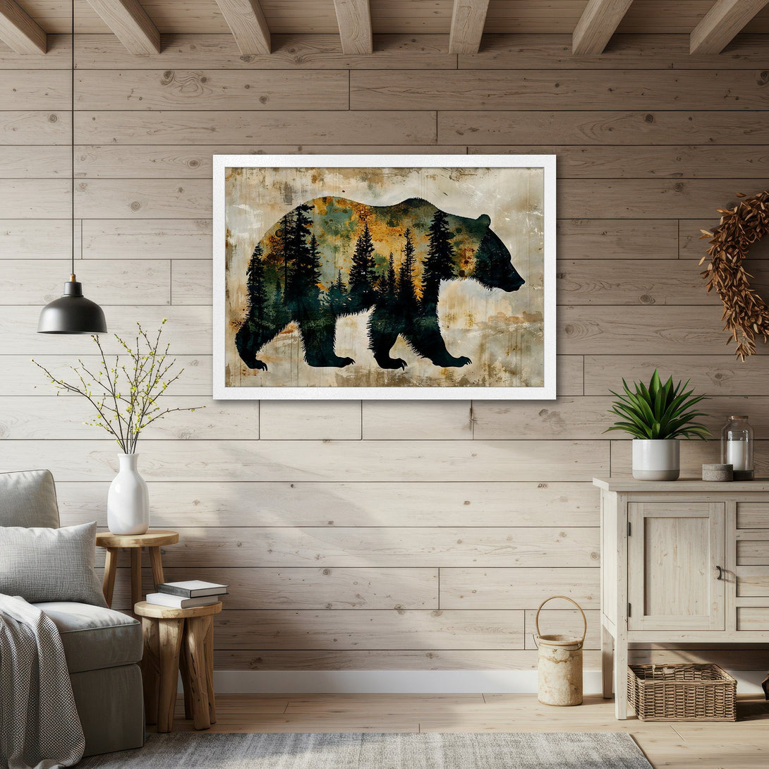 Framed Poster featuring a bear silhouette with a forest scene, rustic style, earthy tones. Perfect for cabin decor!