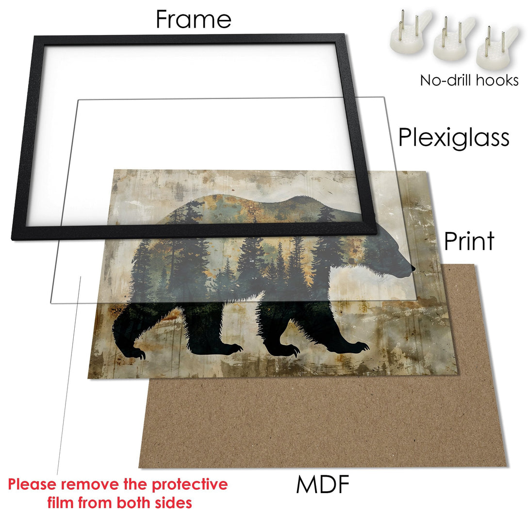 Framed Poster featuring a bear silhouette in a forest, rustic style with earthy tones. Perfect wall art!
