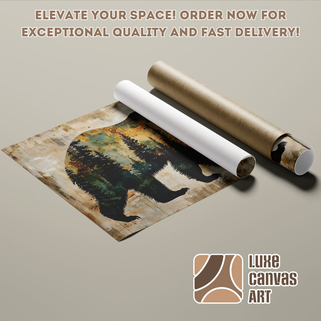 Poster Roll featuring a bear silhouette in a forest, with a rustic style and earthy color palette. Order now!