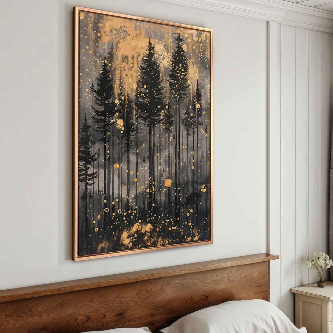 Framed Wall Art: Abstract forest scene in black, gold, and gray. Modern canvas print adds a touch of elegance to any bedroom or living space.